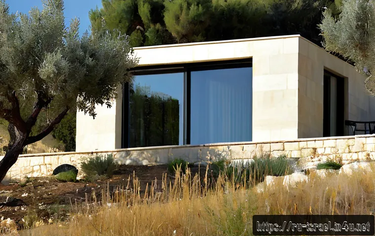Home 30 이스라엘 건축 디자인 트렌드 - Photorealistic contemporary Israeli hillside residence in Jerusalem, pale local limestone walls, dee...
