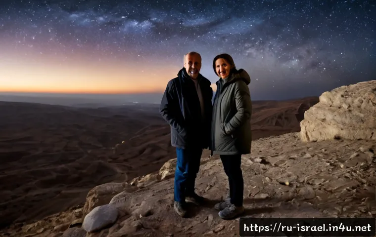 이스라엘의 사막에서 별 보기 - Photorealistic night view of the Negev Desert in Israel, a Russian-speaking middle-aged couple in mo...